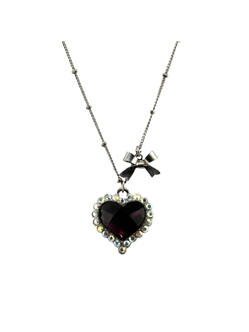 Betsey Johnson Rare Vintage Crystal Heart with Bow Pendant Charm Necklace